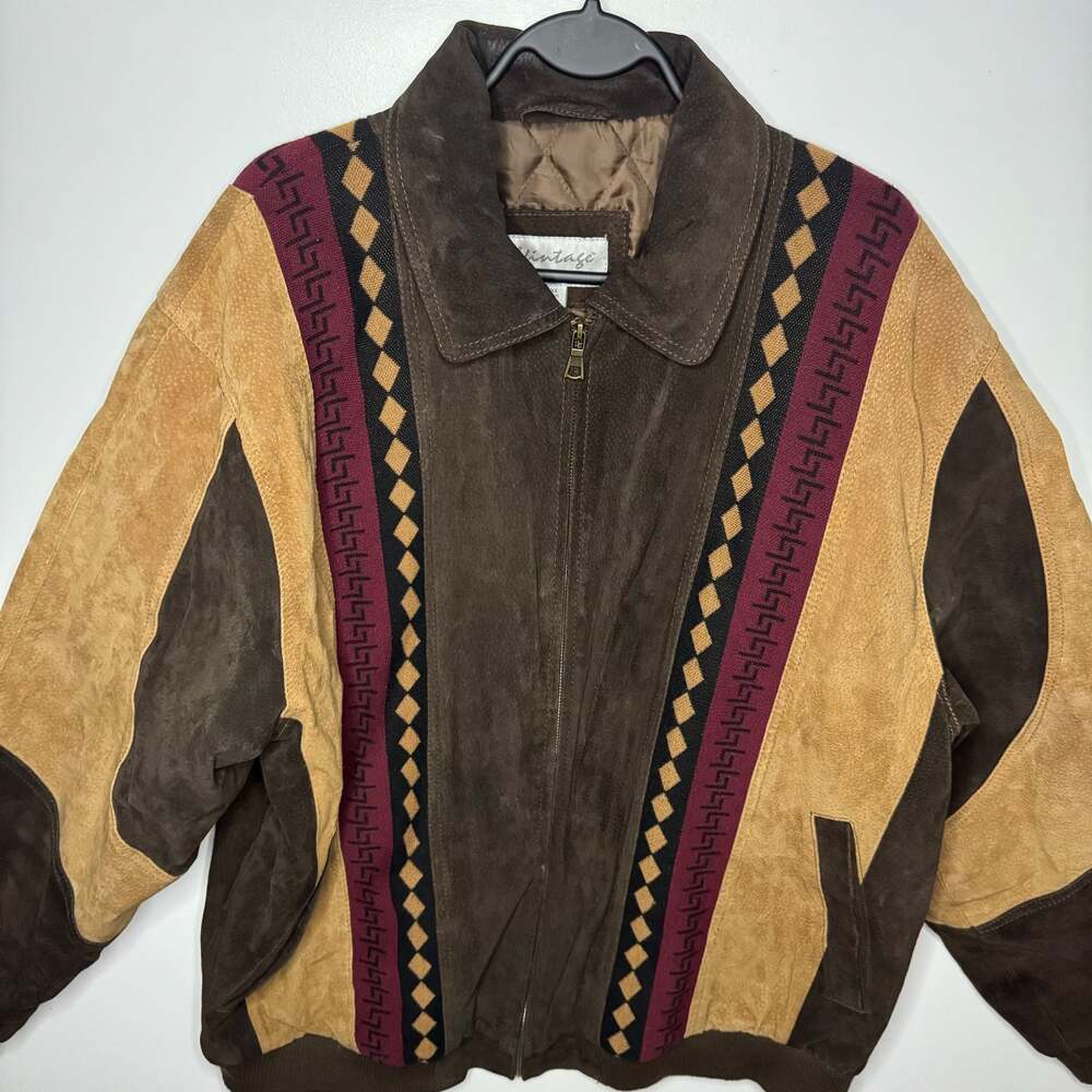 Vintage Leather Men's Multi-Color Suede Bomber Jacket with Aztec Diamond Pattern